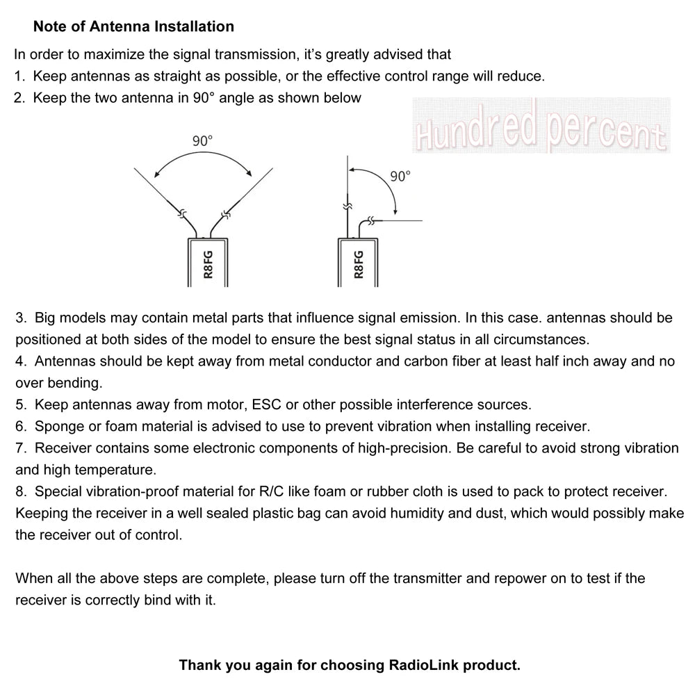 Radiolink RC8X 2.4G 8 Channels Radio Transmitter, antennas should be kept away from metal conductor and carbon fiber at least half inch away