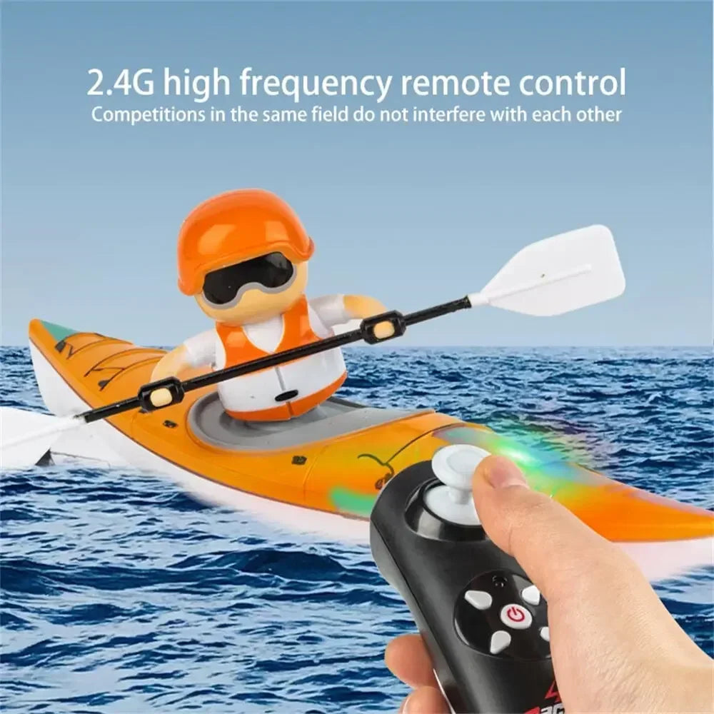 HC-810 RC Boat, 2.4G remote control with no interference, LED lights, waterproof design, and 30-meter range.