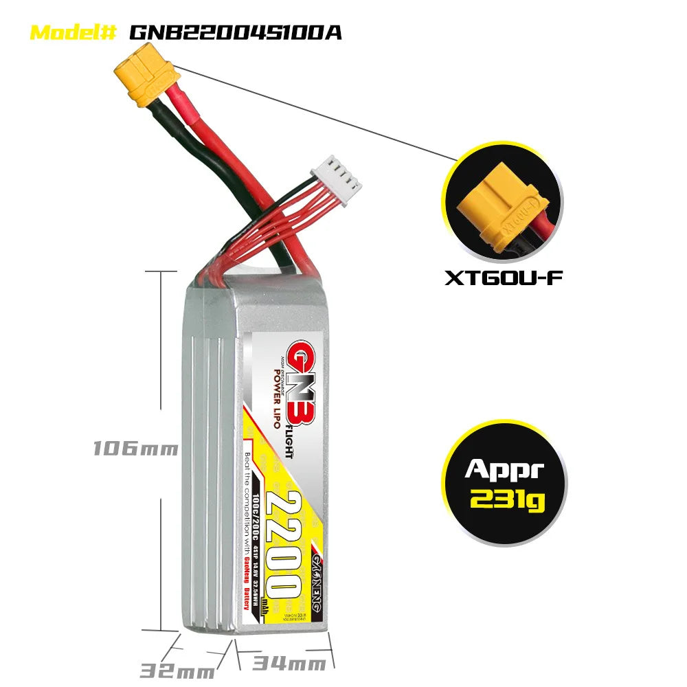 GNB 4S 14.8v 2200mAh 100C/200C Lipo Drone Battery