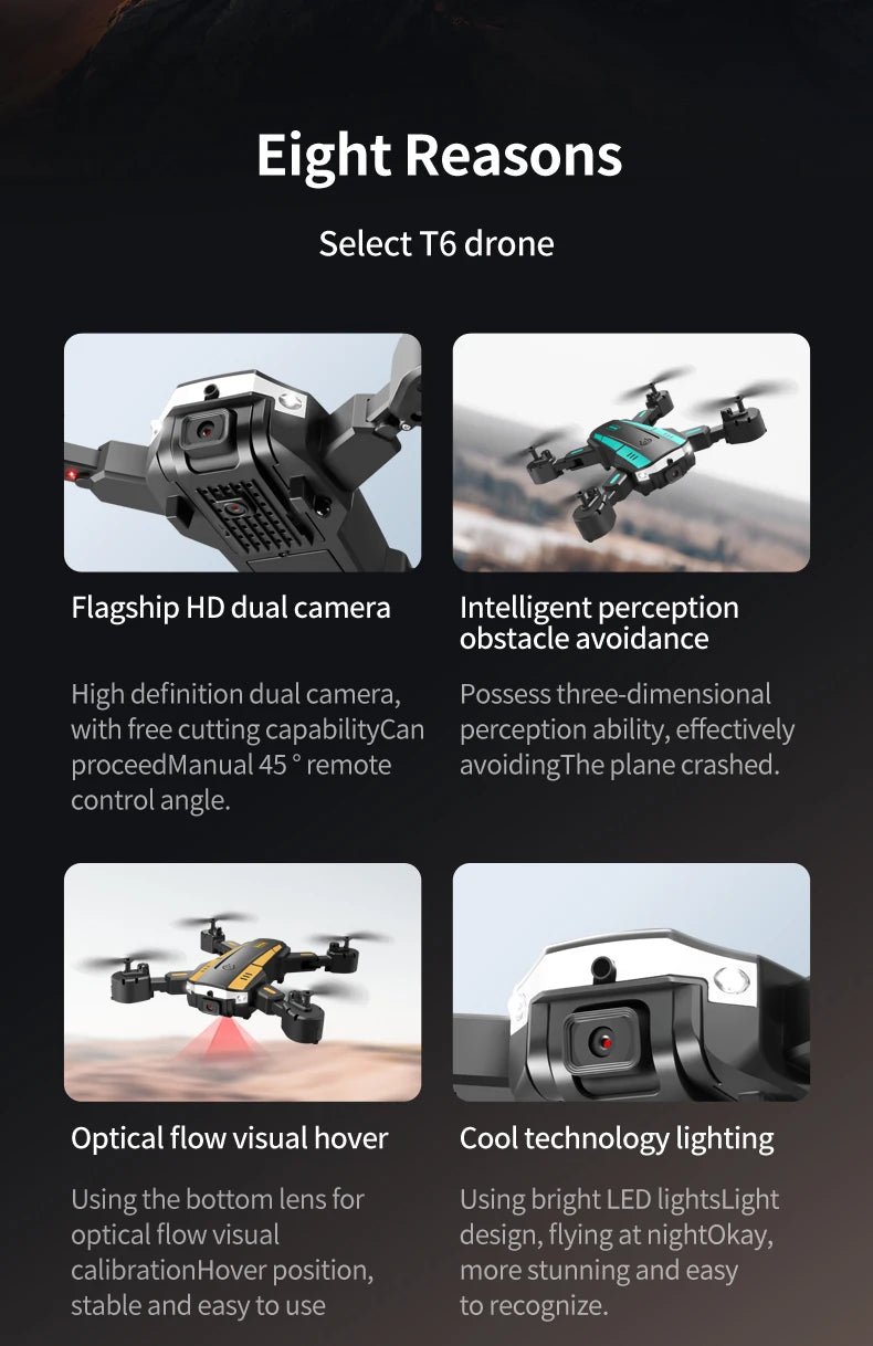 T6 Drone, Optical flow visual design, flying atnightokay; calibrationHover position, more