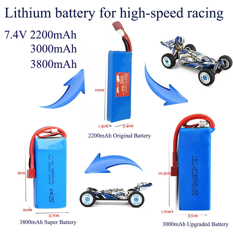 Wltoys 124017 124007 1/12 2.4G Racing RC Car, Lithium battery for high-speed racing 7.4V 2200mAh 3000mAh 3