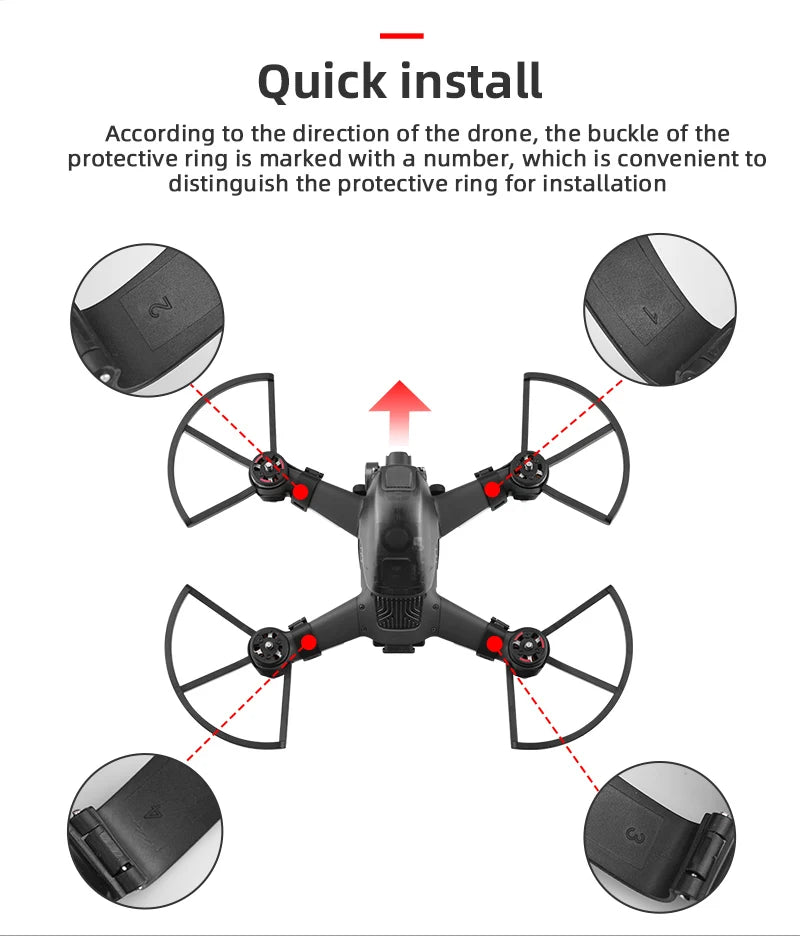 DJI FPV Propeller, quick install According to the direction of the drone, the buckle of the protective ring is marked