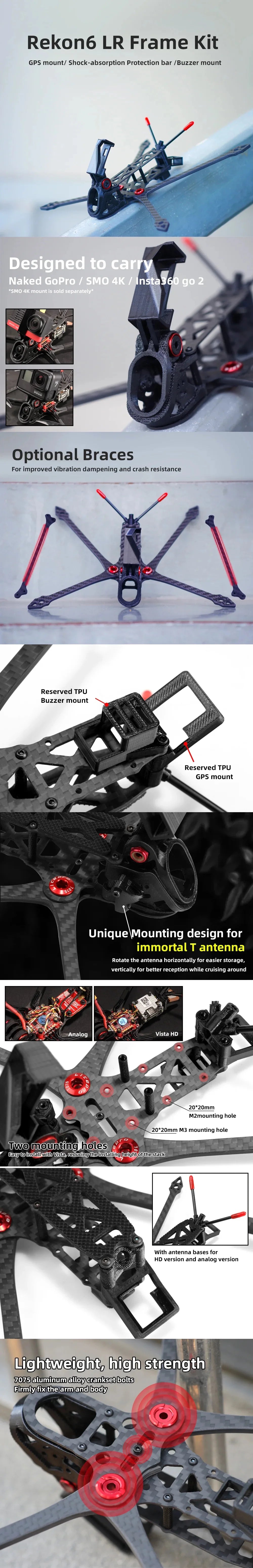 HGLRC Rekon 6 Frame Kit, Rekon6 LR Frame Kit GPS mount/ Shock-absorption Protection bar
