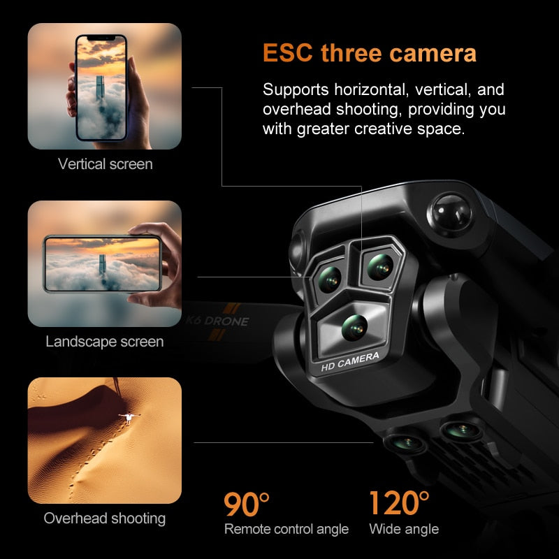 K6 Max Drone, ESC three camera Supports horizontal, vertical, and overhead shooting 