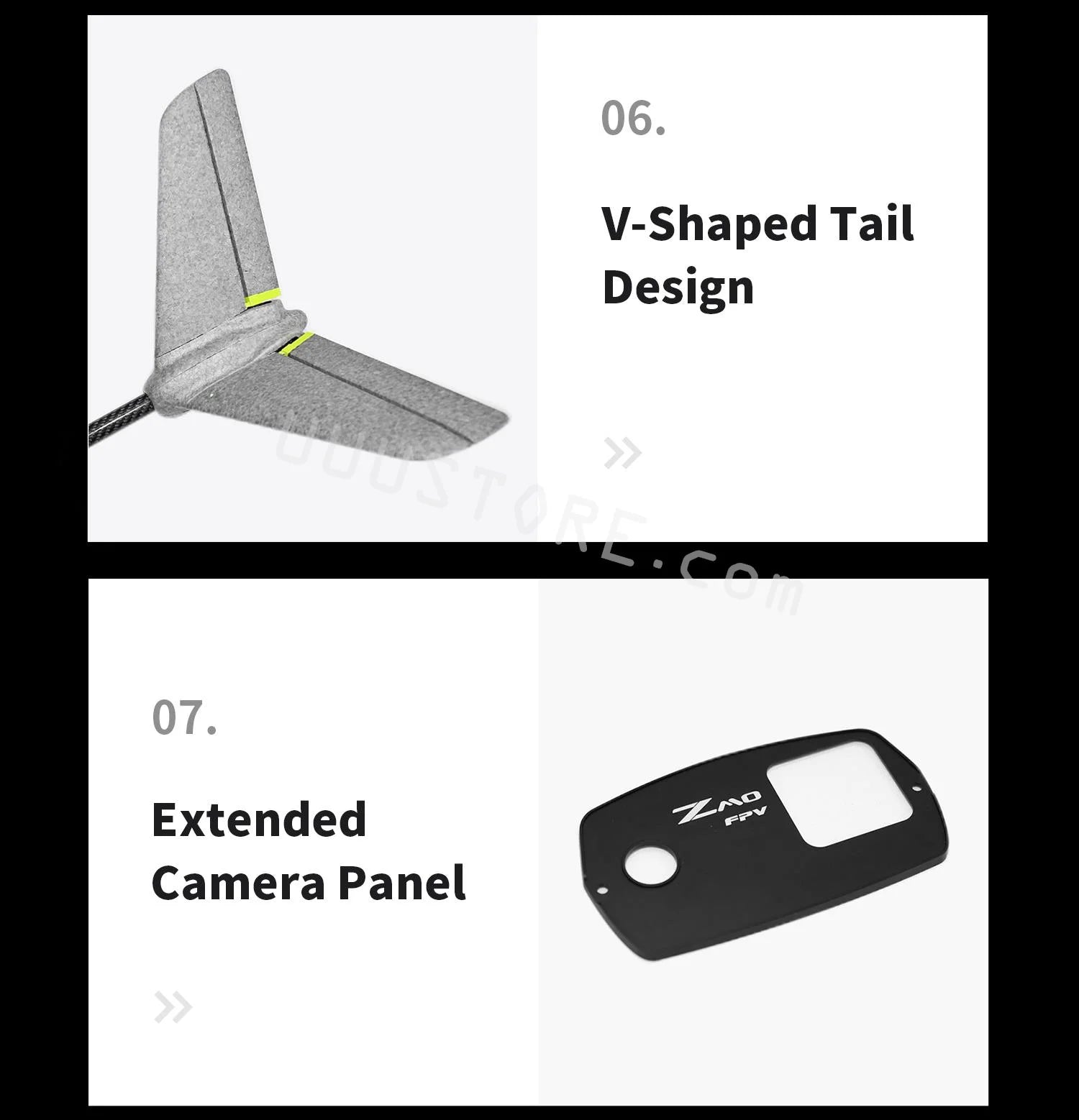 OMPHOBBY ZMO VTOL RC AirPlane , 06_ V-Shaped Tail Design 07 Extended Camera Panel Oost n TKO