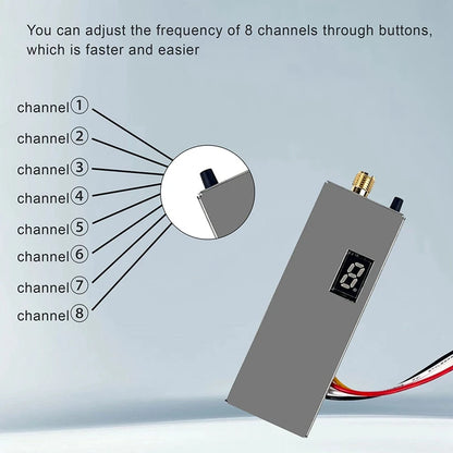 1.2G 1.3G 1.6W 8CH VTX, The product is an 8-channel VTX for long-range FPV drones, allowing users to adjust frequencies quickly through buttons.