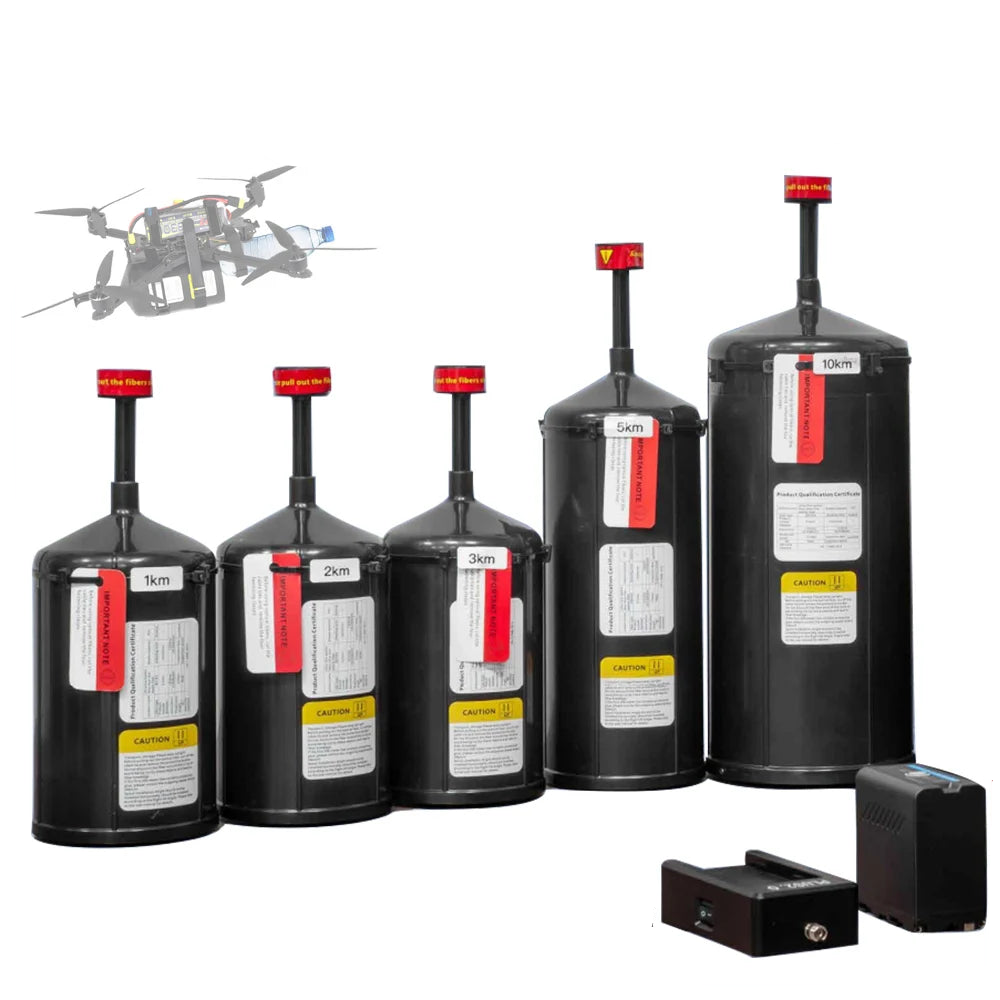 Drone optical fiber extender with 0–20km range, single-mode, TTL/S.BUS, anti-interference, available in 1–10km options, includes caution labels.