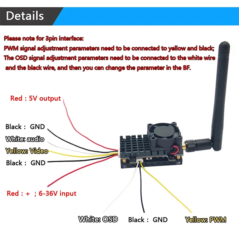 RXCRC 5.8GHz 1W/1.6W/2W FPV VTX, PWM eignal adjustment parameters need to be connected to yellow and bladk