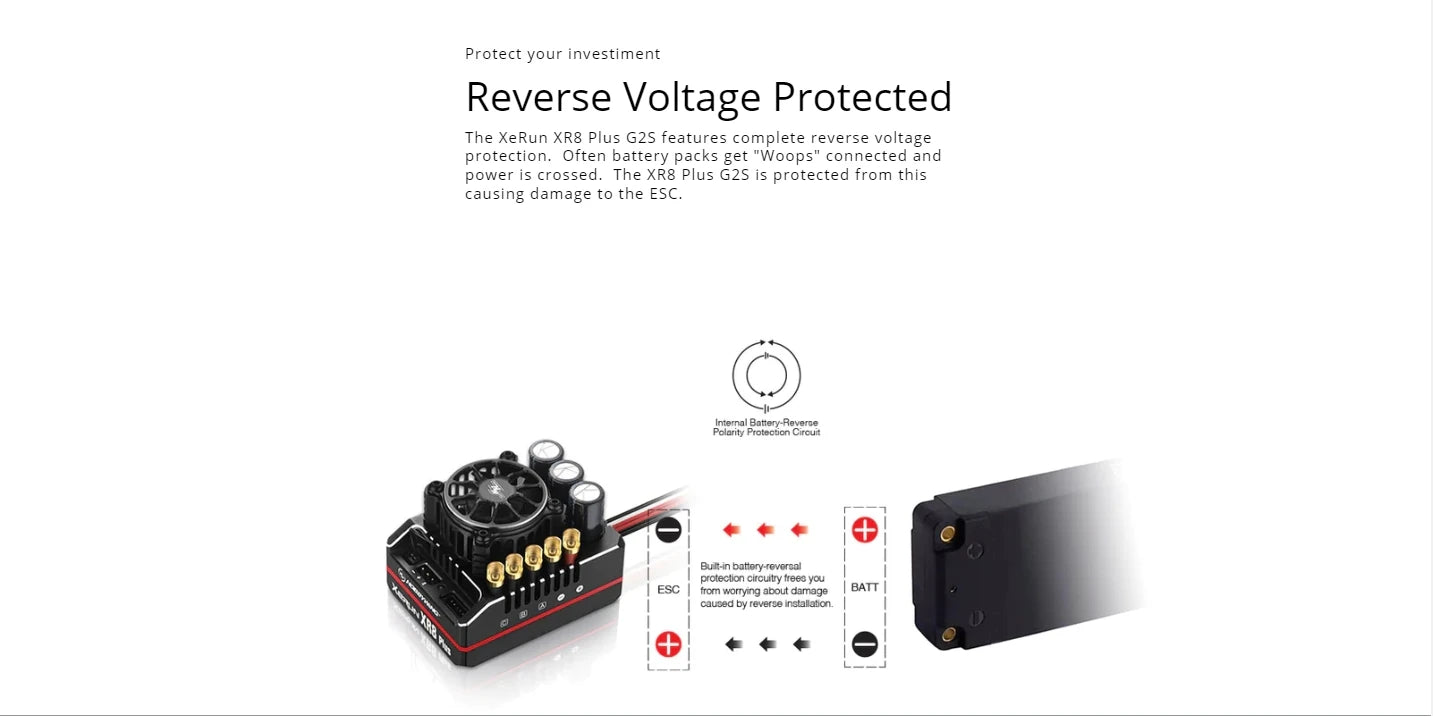 XeRun XR8 Plus 62S features complete reverse voltage protection 