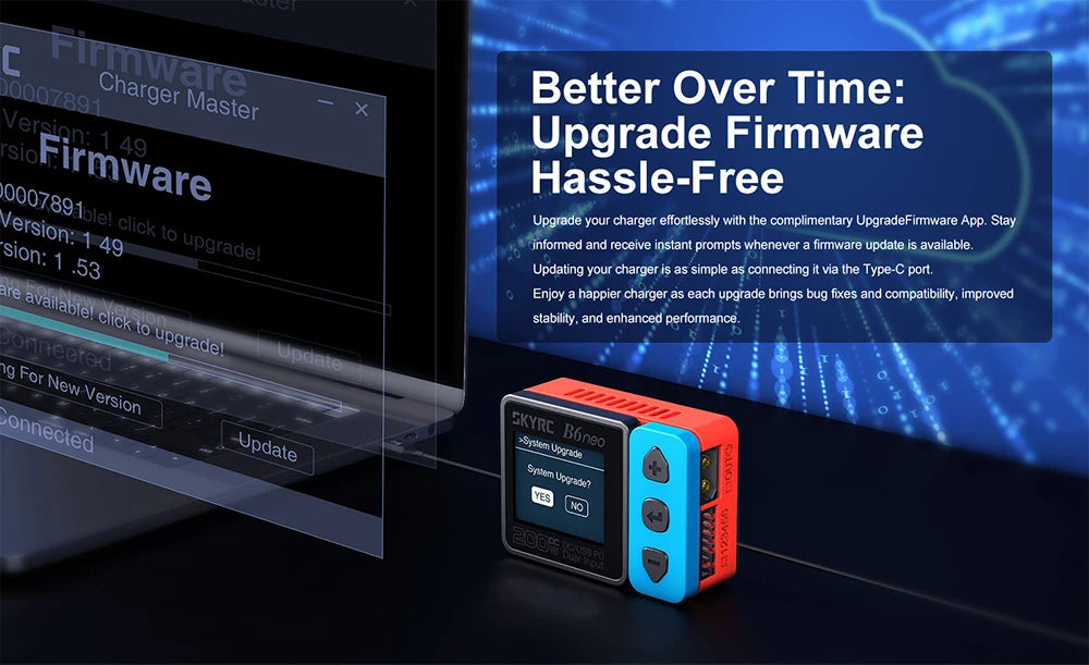 2023 SkyRC B6neo Smart Charger, Updating your charger is as simple as connecting it via the Type-C port .