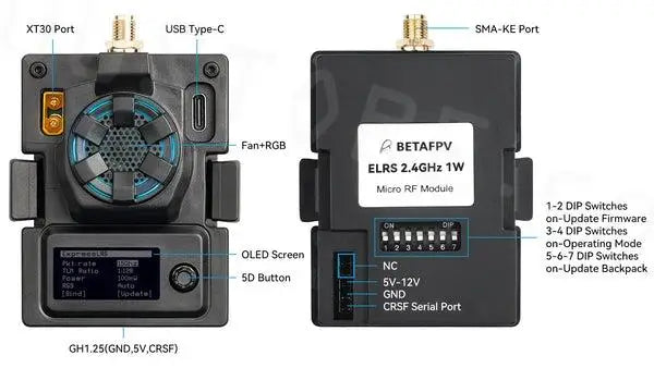BETAFPV ELRS Micro TX Module, XT30 Pcrt USB Type-€ SMA-KE Port Fan+