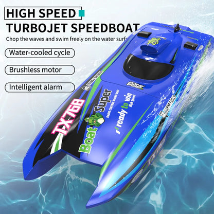 TX768 RC Boat, High-speed turbojet speedboat with water-cooled brushless motor, intelligent alarm system, and ready-to-use design for immediate operation.