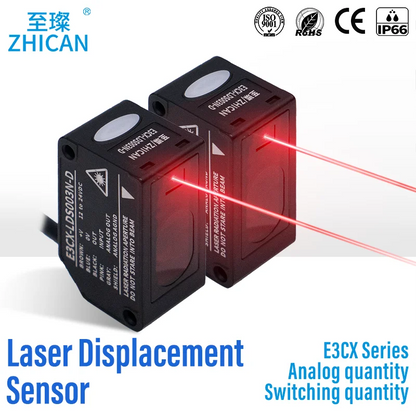 ZHICAN E3CX-LDS Laser Displacement Sensor, ZHICAN E3CX-LDS laser sensor offers analog and switching output, IP66 rating, CE/RoHS compliance, ideal for precise distance, thickness, and height measurements.
