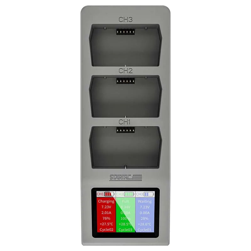 StartRC 3-way charging hub for DJI Mini displays real-time voltage, current, charge level, temperature, and cycle count per channel.