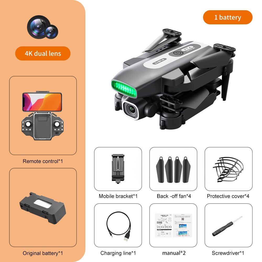 XT4 Mini Drone, 1 battery 4K dual lens Remote control*1 Mobile bracket*1 Back-off fan*