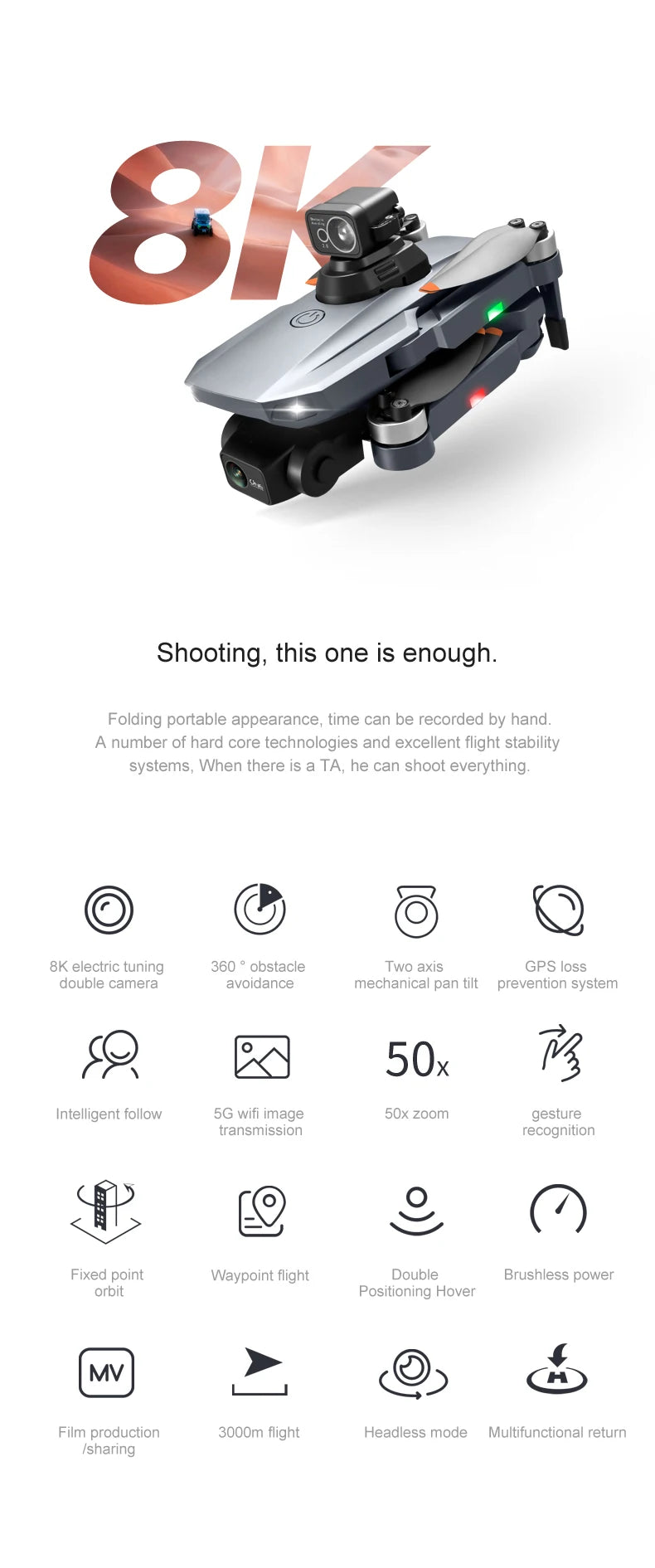 RG101 Pro Drone - 2-axis Gimbal 360° Obstacle Avoidance HD Dual Camera Aerial Photography Brushless GPS Foldable Return Quadcopter Professional Camera Drone 14 RG101 Pro Drone, 852 Shooting is a folding portable appearance, time can be recorded by hand .