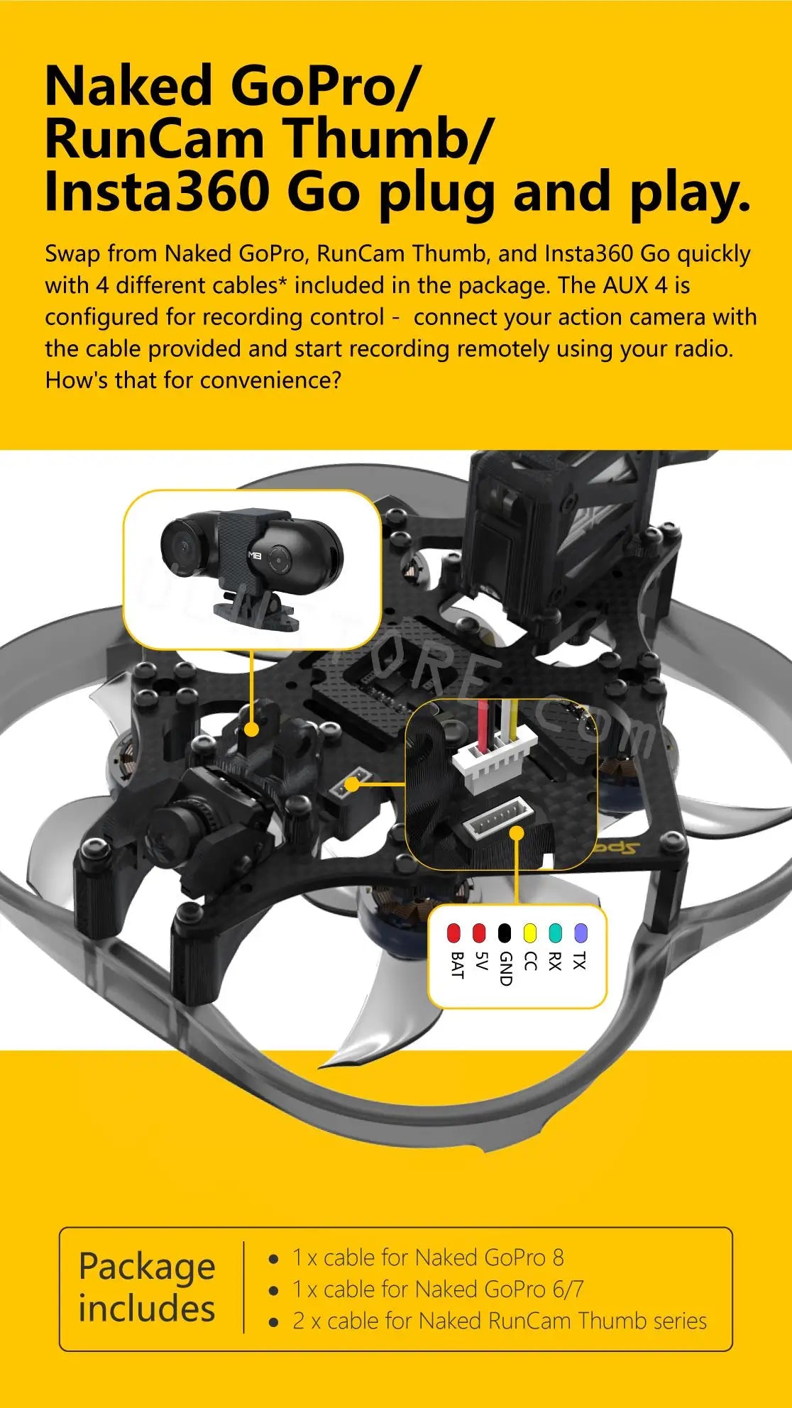 SpeedyBee Flex25, the AUX 4 is configured for recording control connect your action camera with the cable provided and