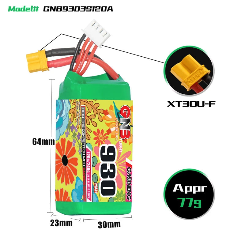 High-capacity lithium-ion battery for FPV drones with XT30 plug and 120C/240C discharge rate.