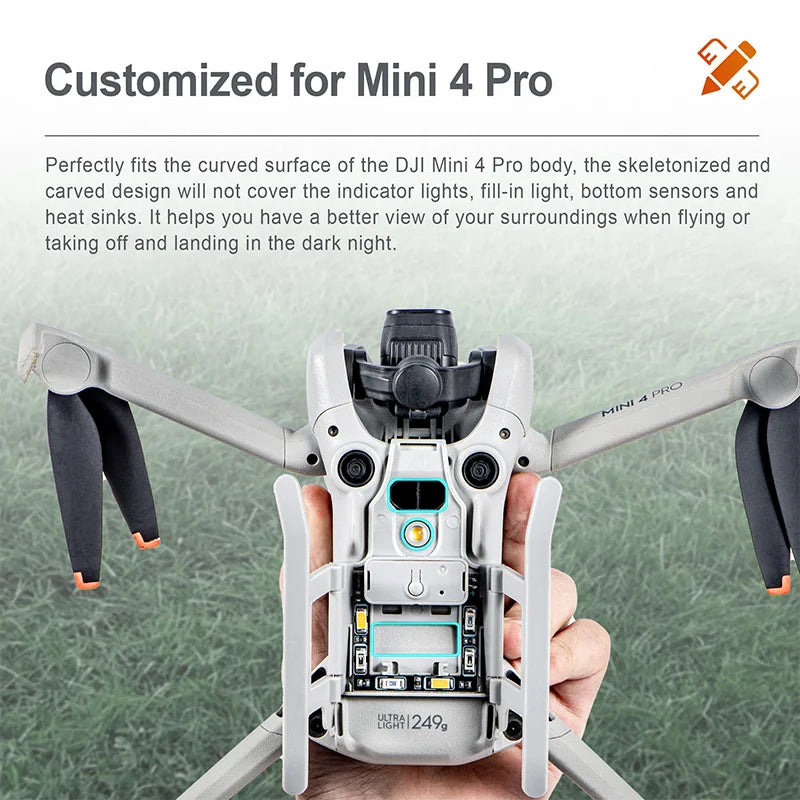 Skeletonized landing gear enhances visibility and protects DJI Mini 4 Pro during night flights, offering custom-fit compatibility for improved durability and performance in low-light conditions.