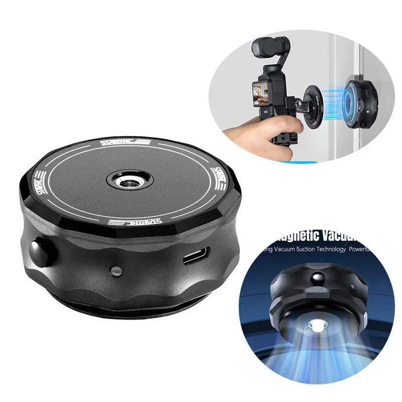 STARTRC magnetic vacuum suction mount for DJI Pocket 3, Action 5 Pro, Insta360, and GoPro. Features strong vacuum technology for secure attachment.