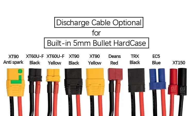 Various discharge cable options with colored connectors for a built-in storage case.