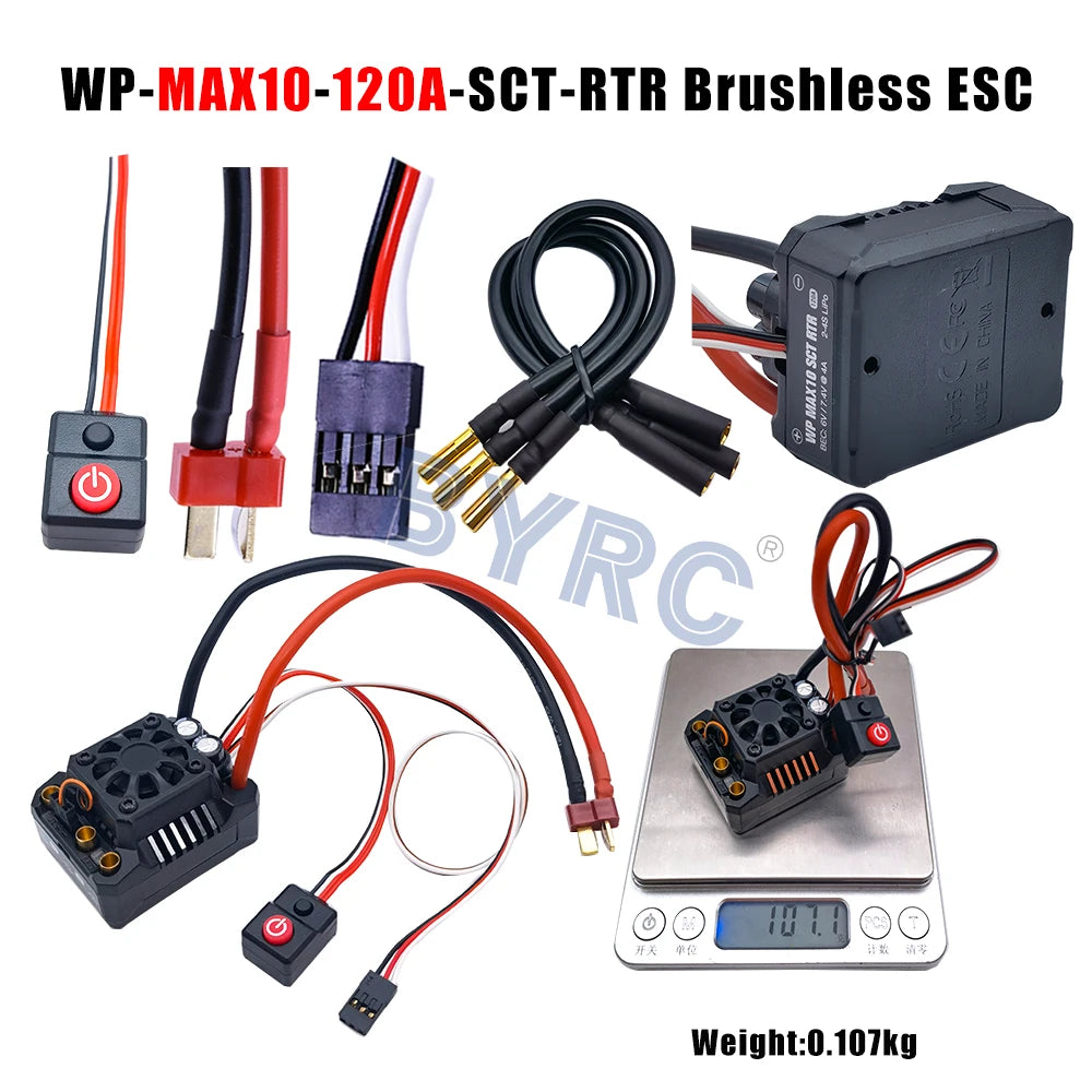 Waterproof brushless ESC controller for RC models, supporting 4-6S batteries and weighing 0.107 kg.