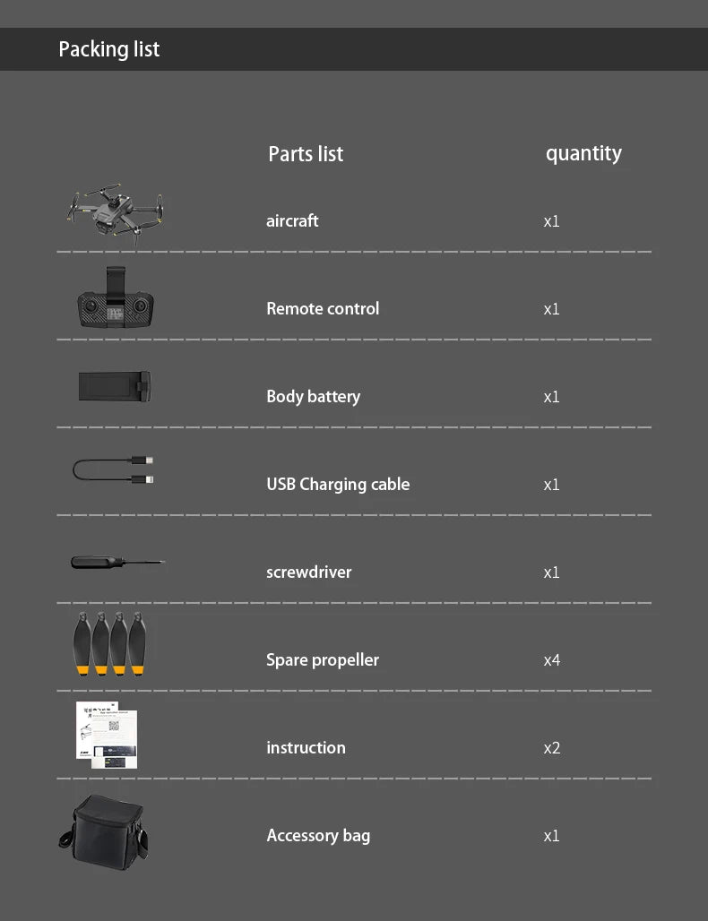 P20 GPS Drone, Packing list Parts list quantity aircraft Remote control Body battery USB Charging cable screwdriver