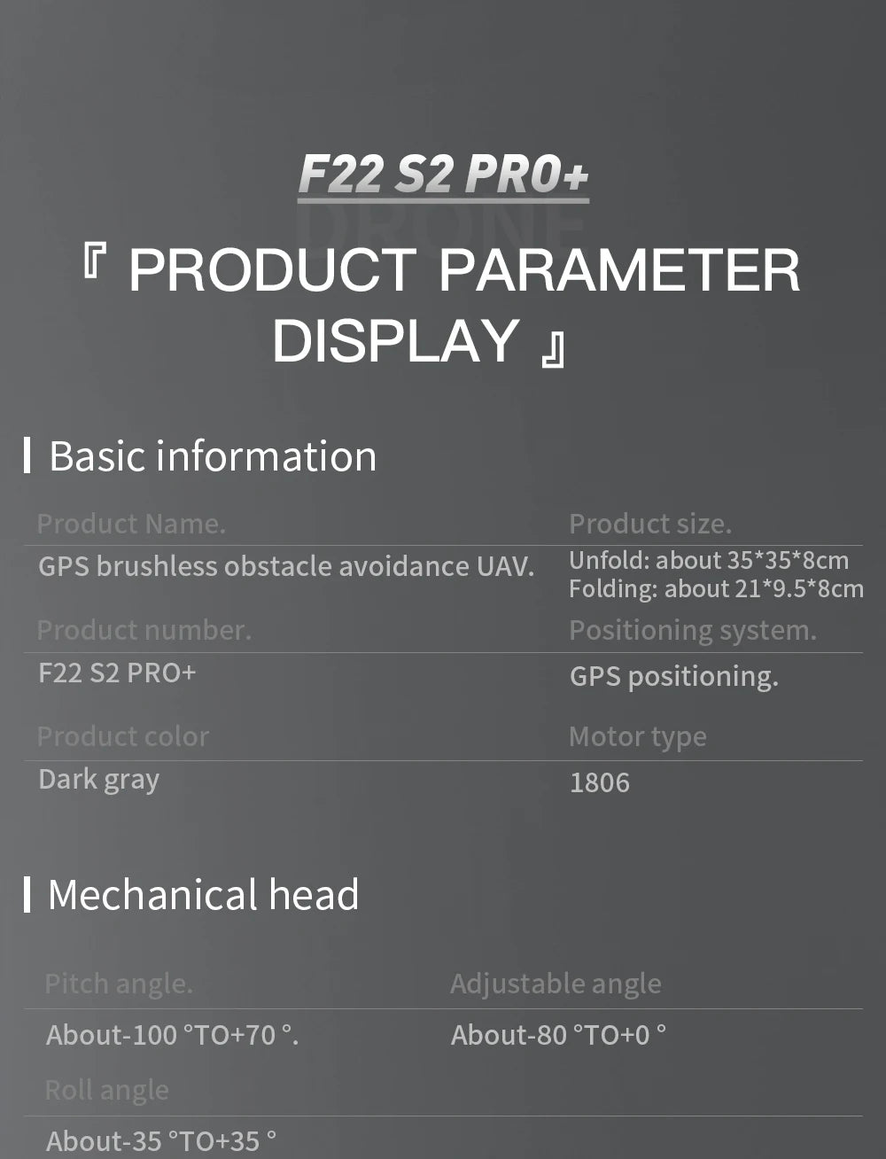 SJRC F22 S2 Pro + Drone, Foldable drone design, compact size, dark gray color, and powerful 1806 brushless motor.