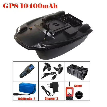 T888 GPS RC Boat, GPS RC boat with 10400mAh battery, dual motors, sonar, charger, remote, and accessories for enhanced navigation and performance.