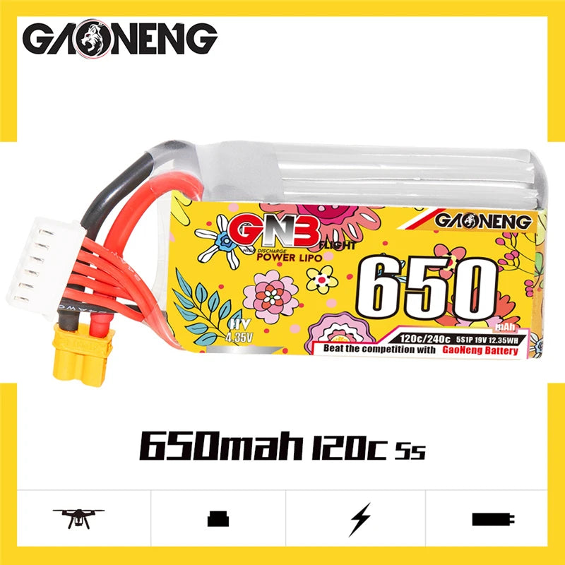 High-performance drone batteries by Gaoneng: 650mAh, 4.35V, 120C/240C, XT30 plug.