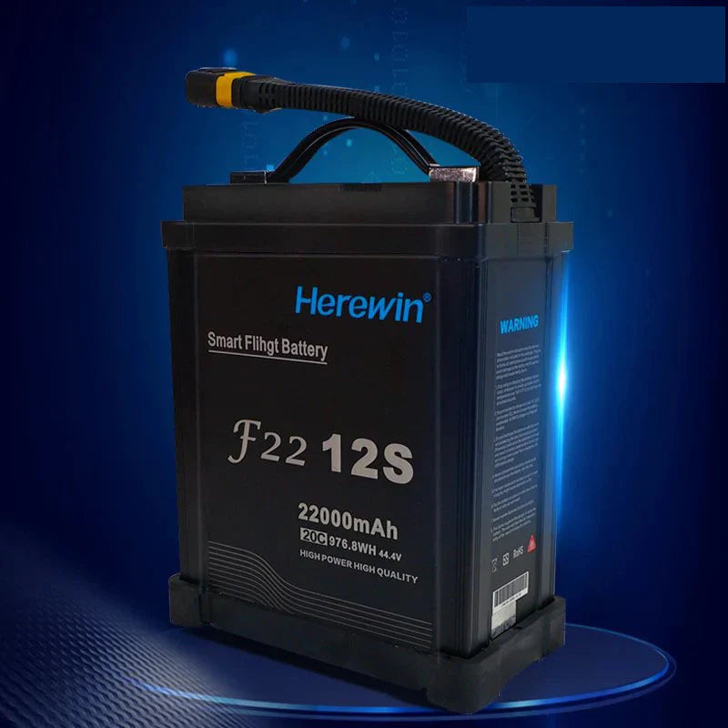 The F22 Warrior Smart Flight Battery has a high capacity, 22000mAh and 52Ah, with a voltage of 14V, suitable for demanding drone applications.