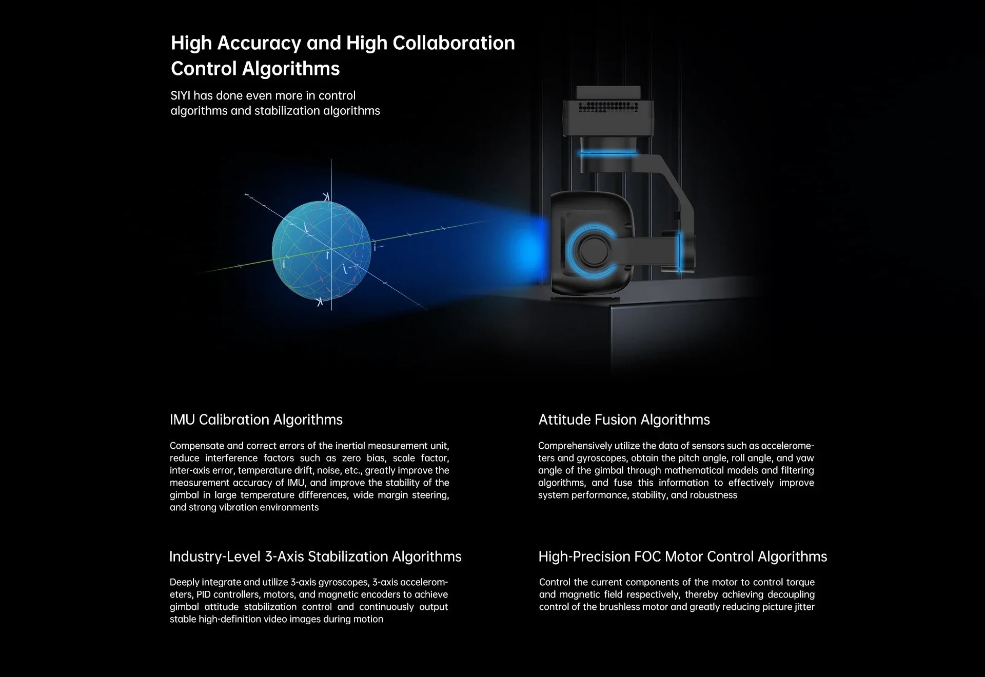 SIYI ZT6 Mini Dual Sensor Optical Pod, SIYI's algorithms ensure precise control and stabilization through IMU calibration, attitude fusion, and gyroscopic data, minimizing errors and ensuring gimbal accuracy.