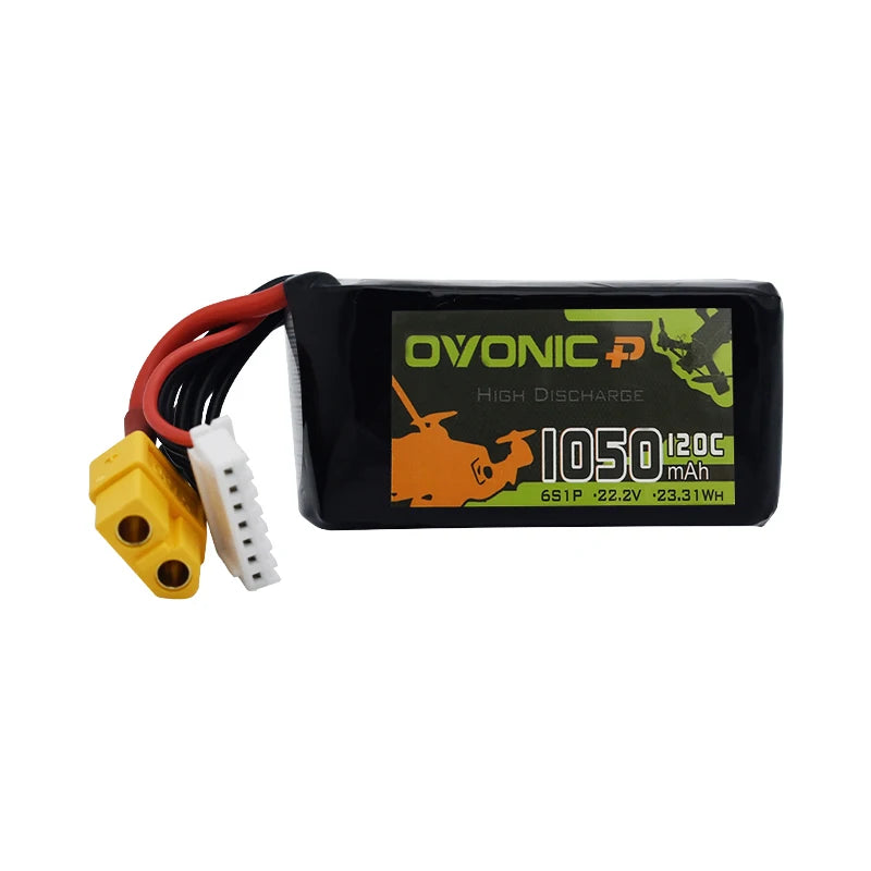 Ovonic 6S 22.2V 1050mAh 120C Lipo Battery, High-capacity LiPo battery for RC drones with 1050mAh, 22.2V, and 23.3Wh specs.