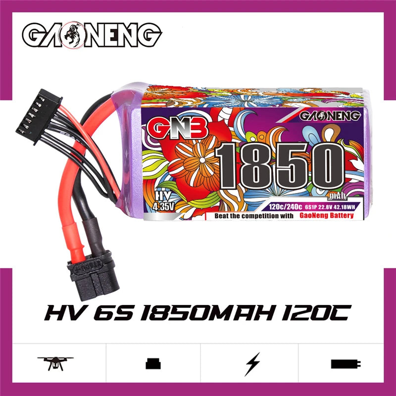 GaoNeng GNB 6S HV 22.8V 1850mAh 120C Lipo Battery, High-voltage LiPo battery with 1850mAh capacity and 120C discharge rate for FPV racing drones.