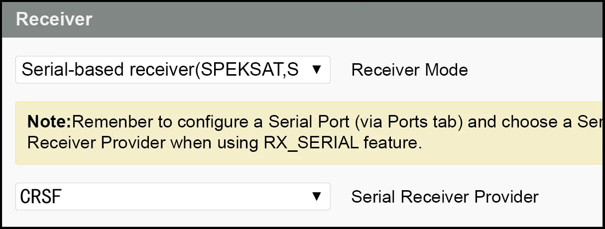 GEPRC ELRS NanoSE Receiver, configure a serial port (via Ports tab) and choose a Ser Receiver Provide