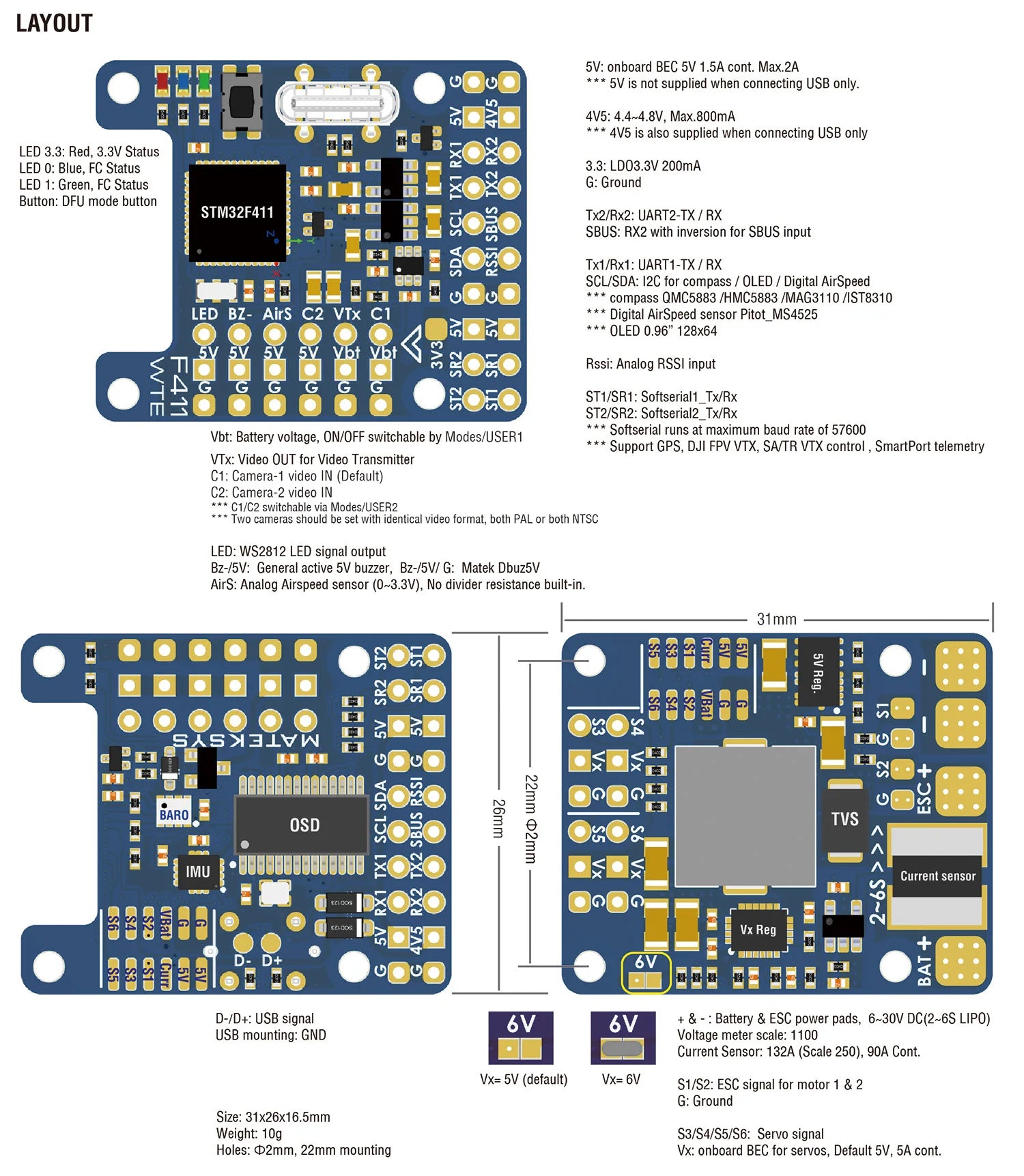 MATEK F411-WTE, WS2812 LED signal output Bz-/SV: General active SV buzzer