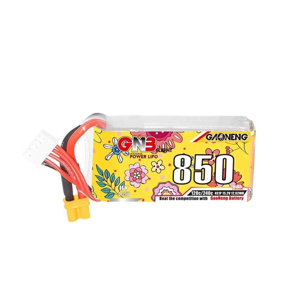 GNB 4S high-voltage LiPo drone battery features 850mAh capacity and 120C/240C discharge rates.