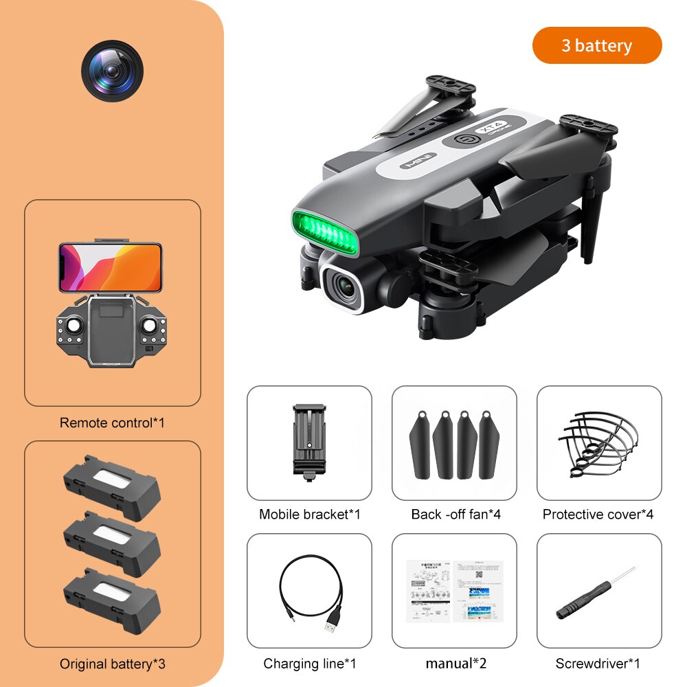 XT4 Mini Drone, 3 battery Remote control*1 Mobile bracket*1 Back-off fan*4 Protective cover
