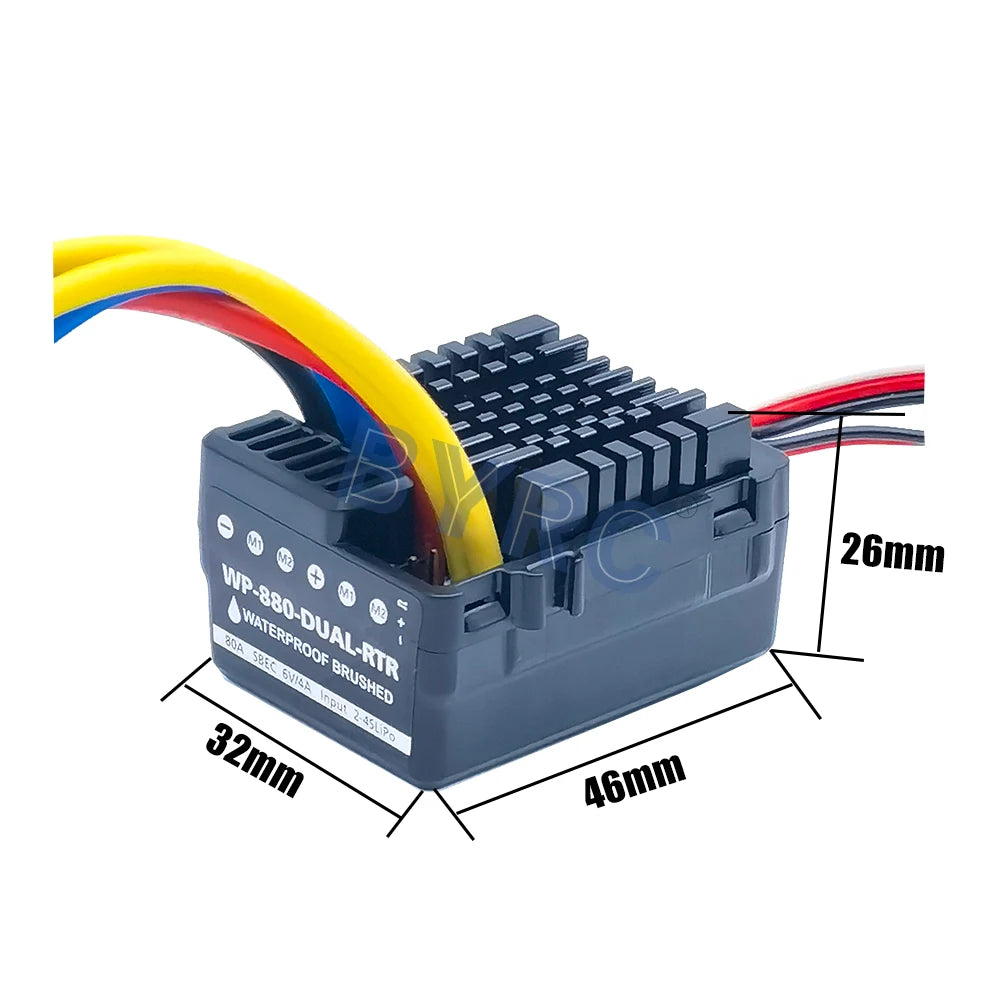 Waterproof ESC for 1/8 scale RC cars with 80A current rating.