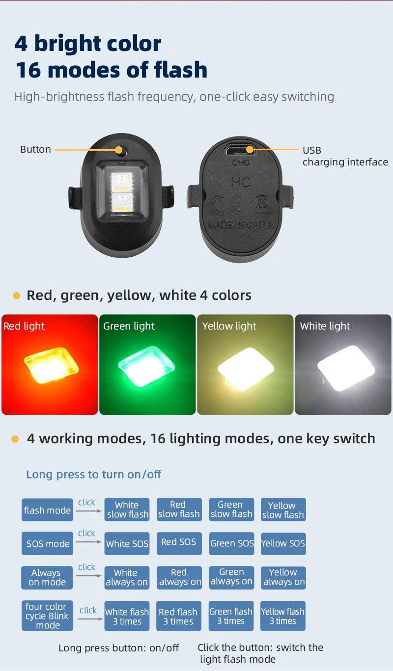 Universal Strobe Light for DJI MAVIC PRO/2/3/SE/MINI 2/MINI 1/AIR/AIR 2/FPV/FIMI X8 SE Drone Flash Lamp Night Flight Light 8 4 working modes, 16 lighting modes, one-click easy switching Button USB Cks