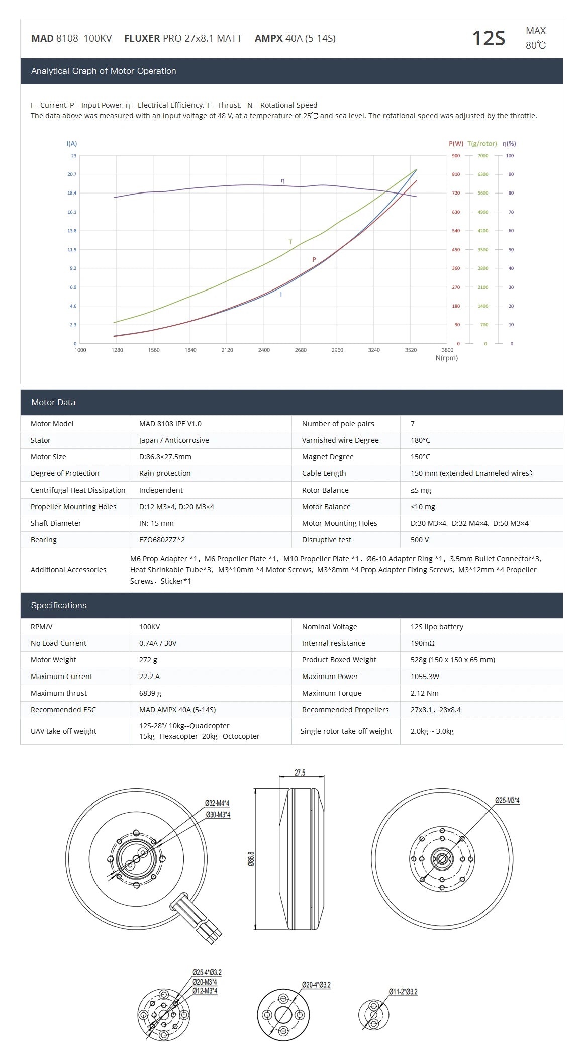 MAD 8108 IPE KV100 KV170 Brushless Drone Motor, High-performance, brushless drone motor for demanding aerial applications with KV ratings of 100 and 170.