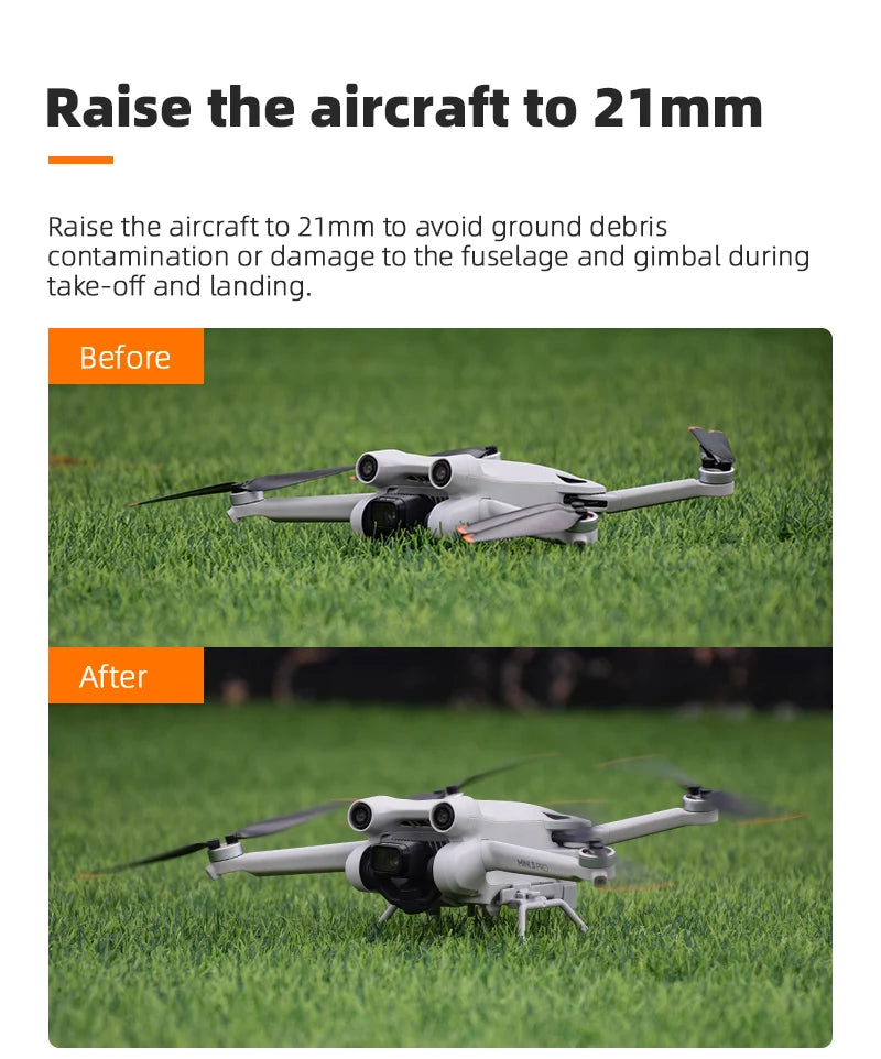 Landing Gear Kits for DJI Mini 3 Pro Drone, Raise the aircraft to 21mm to avoid ground debris contamination or damage to the fuselage and