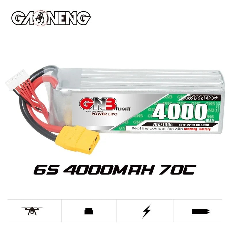 GaoNeng GNB 6S 22.2V 4000mAh 70C/140C Lipo Battery, High-performance lithium-ion battery with 22.2V and 4000mAh capacity for FPV drones.