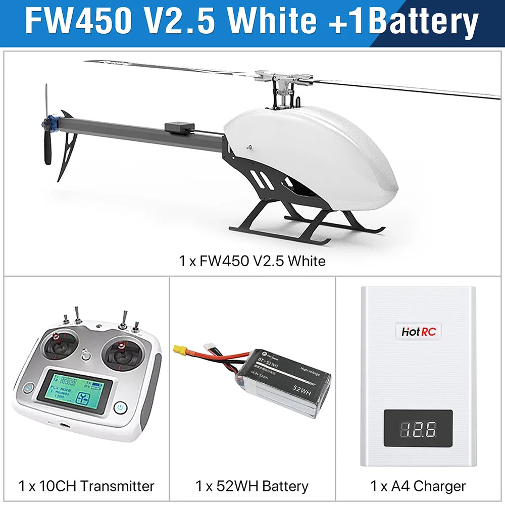 Fly Wing FW450L V2.5 RC Helicopters, FW450 V2.5 White 1x 52WH Battery 1x A4 Charger 52W