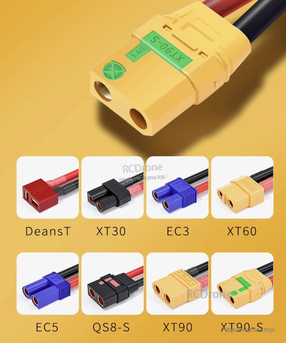 High-performance LiPo battery for UAV drones with multiple connector options: DeansT, XT30, EC3, XT60, EC5, QS8-S, XT90, and XT90-S.