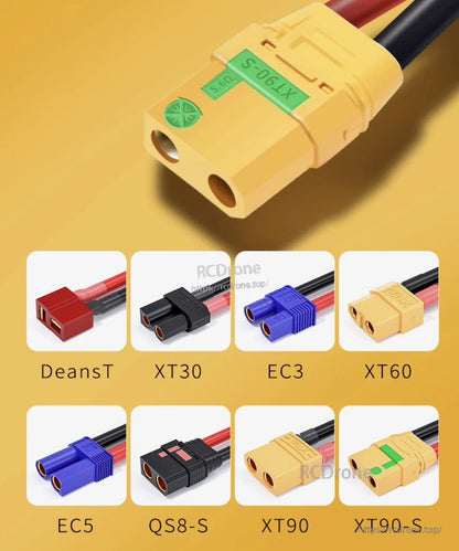 High-performance LiPo battery for UAV drones with multiple connector options: DeansT, XT30, EC3, XT60, EC5, QS8-S, XT90, and XT90-S.