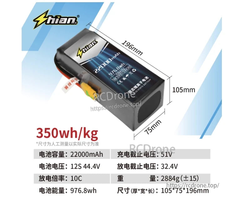 ShiAnMx 12S 22000mAh 10C battery: 44.4V, 976.8Wh, 350Wh/kg, weighs 2884g, dimensions 105×75×196mm, charge cutoff 51V, discharge cutoff 32.4V.