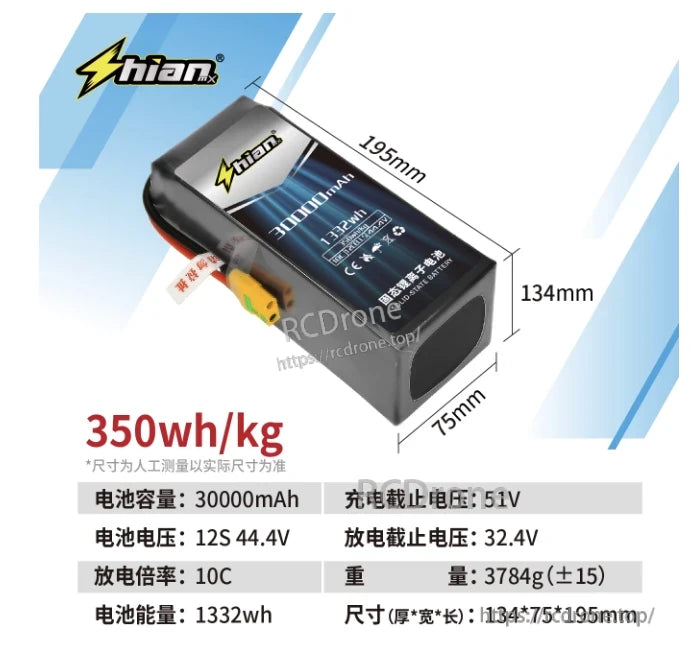 ShiAnMx 12S 30000mAh 44.4V lithium battery, 1332Wh capacity, 350Wh/kg density, weighs 3784g, measures 134×75×195mm, with 51V charge and 32.4V discharge cutoffs.