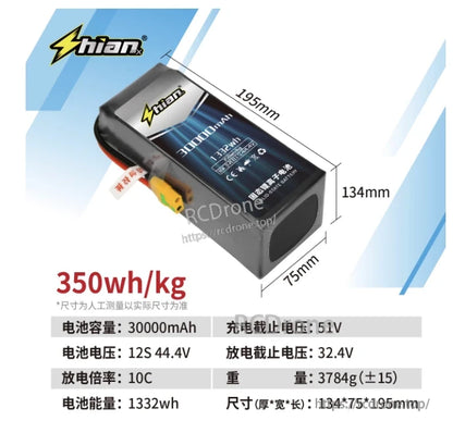 ShiAnMx 12S 30000mAh 44.4V lithium battery, 1332Wh capacity, 350Wh/kg density, weighs 3784g, measures 134×75×195mm, with 51V charge and 32.4V discharge cutoffs.