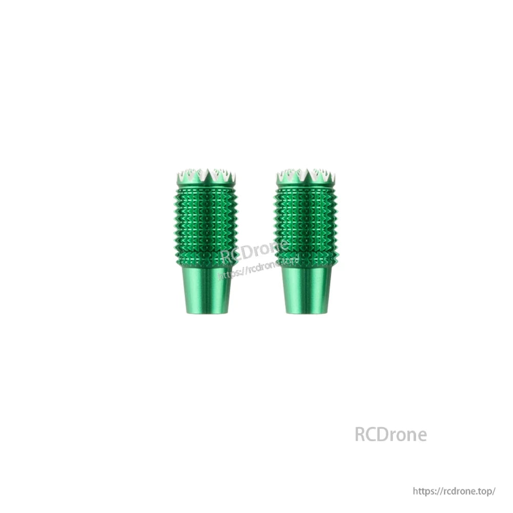 Green anodized knurled gimbal stick end pieces, pair view with textured grip pattern
